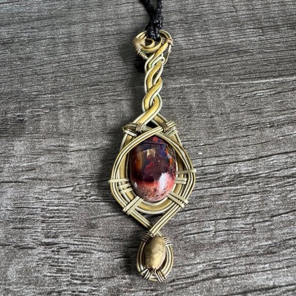 Handmade Fire Opal Pendant Necklace with Real Bronze Wire, Beads & Macrame Cord - Picture 1 of 14